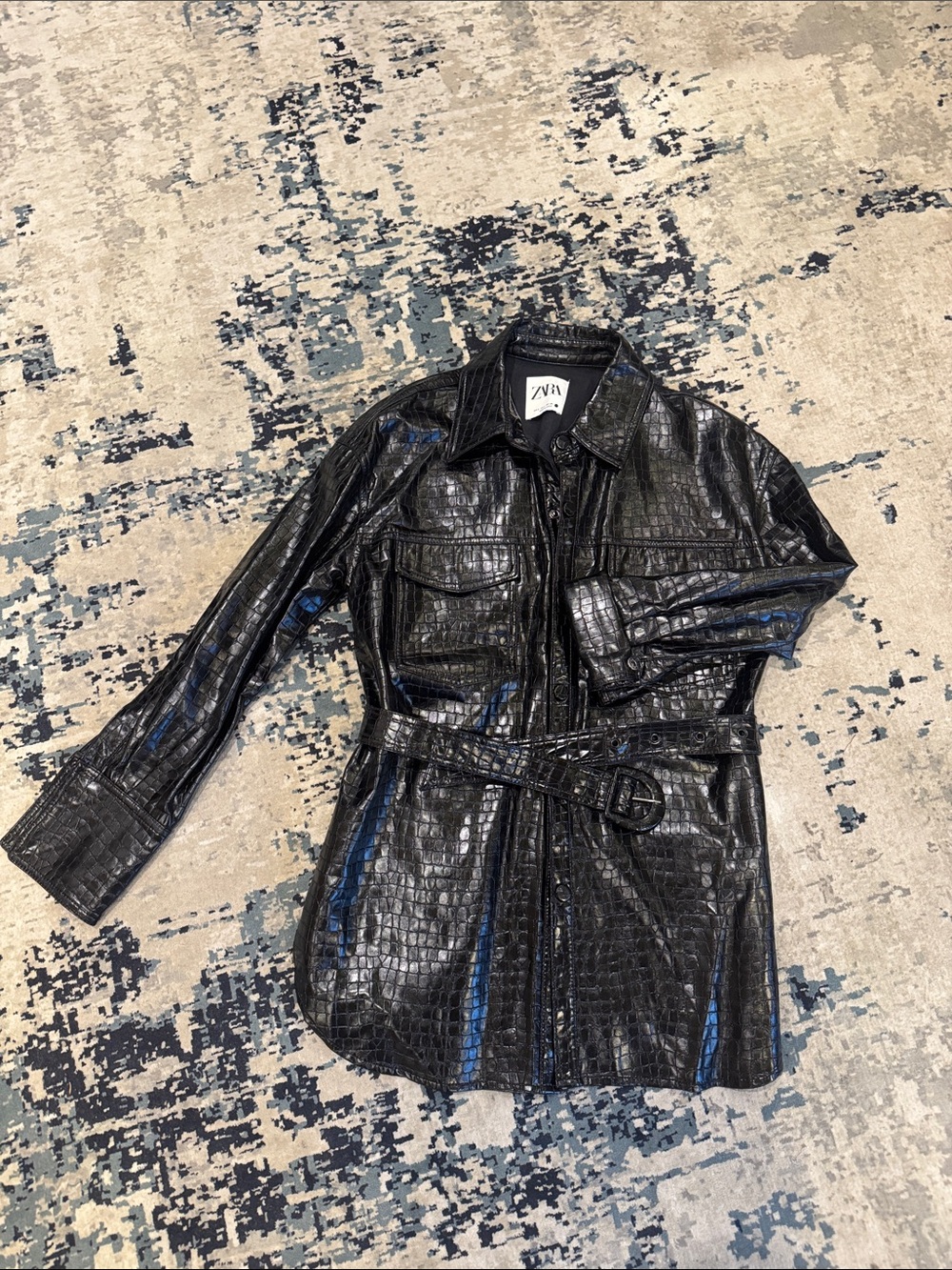 Zara Black Croc-Embossed Belted Jacket
